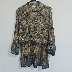 Vtg Sz 1X Fashion Bug Brown Black Leopard Print Button Up Blouse Flutter Sleeve